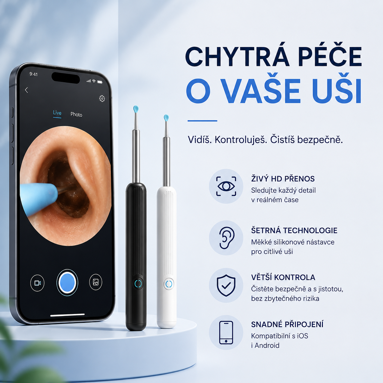 Chytrý čistič uší s integrovanou HD kamerou